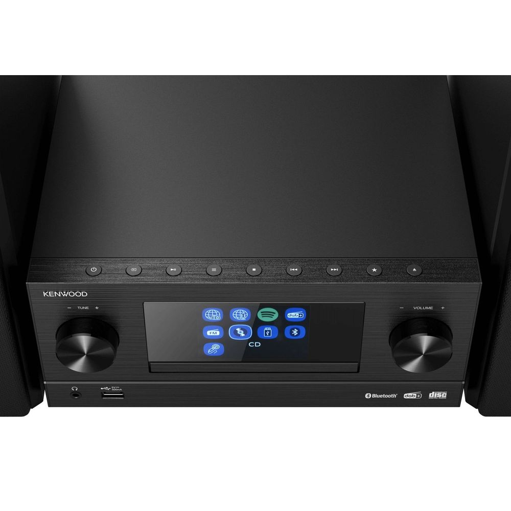 Sistema hi-fi Kenwood nero con display che mostra icone: FM, CD, DAB+, Spotify, Bluetooth.