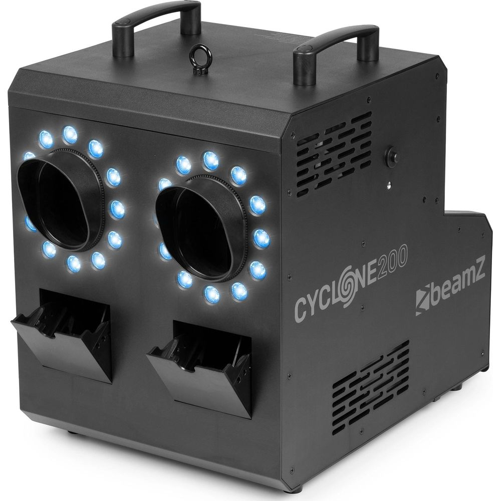 Máquina de efectos de escenario negra con dos salidas, luces azules y asas.