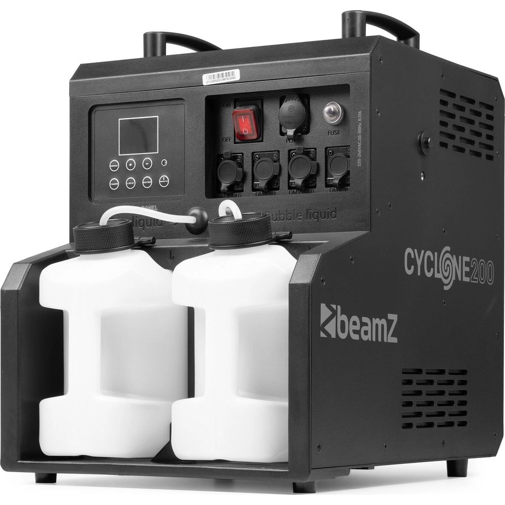 Máquina de burbujas negra con dos tanques de líquido blancos, panel de control y puertos DMX.