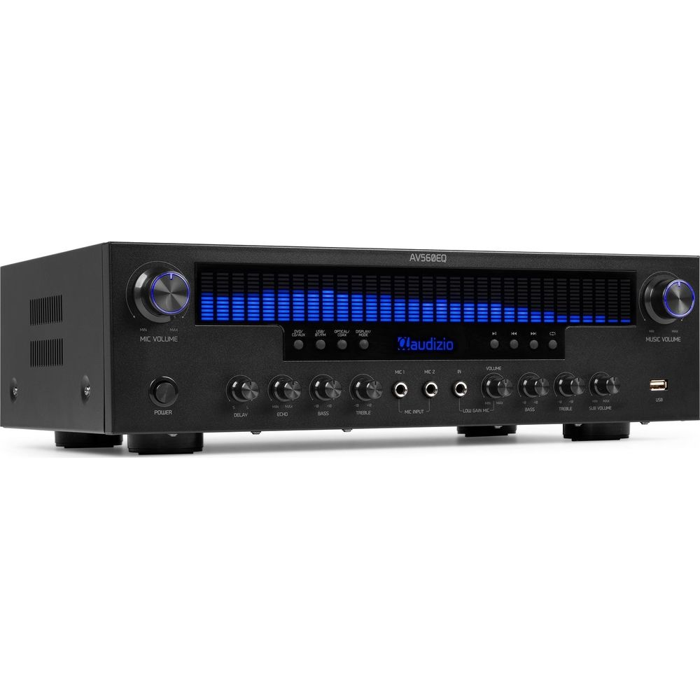 Amplificador negro con ecualizador azul, perillas y puertos.