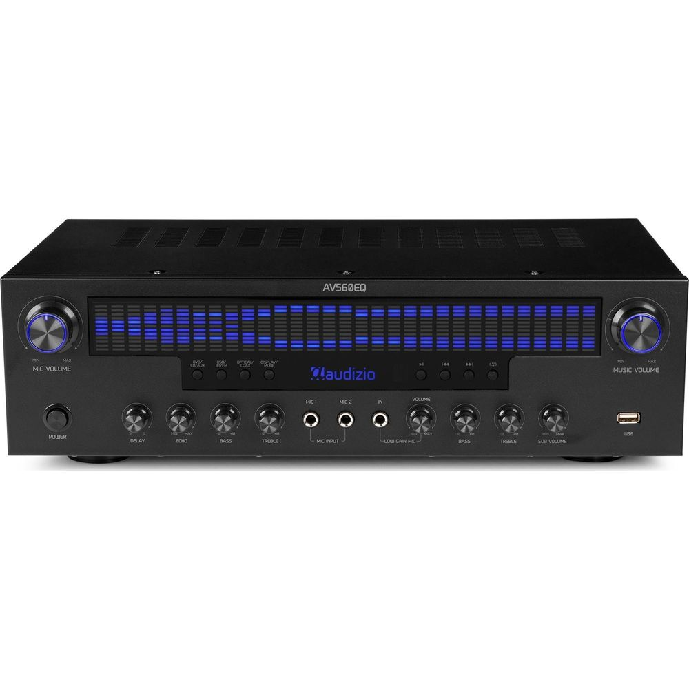 Receptor AV negro con ecualizador azul, perillas y puertos.