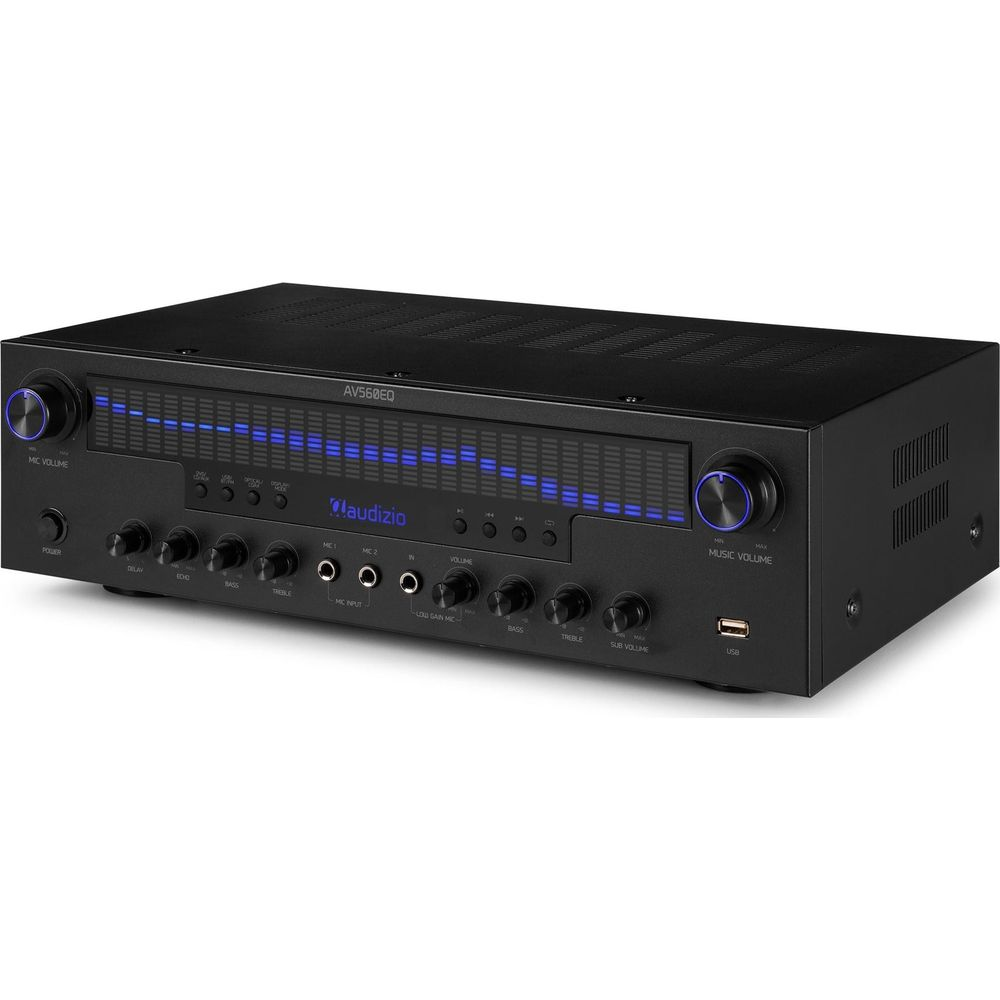 Receptor AV negro con pantalla ecualizadora azul, perillas y puertos.