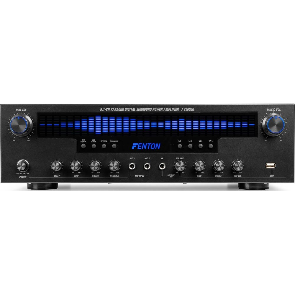 Amplificador de karaoke negro con ecualizador azul, perillas y puertos.