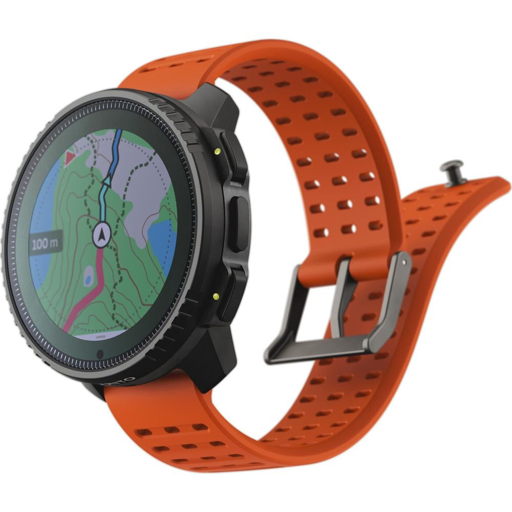 Un orologio sportivo arancione con cassa nera che mostra una mappa.