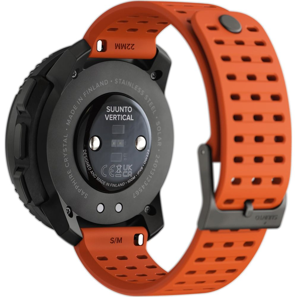 Smartwatch nero con cinturino arancione, vista dettaglio posteriore.