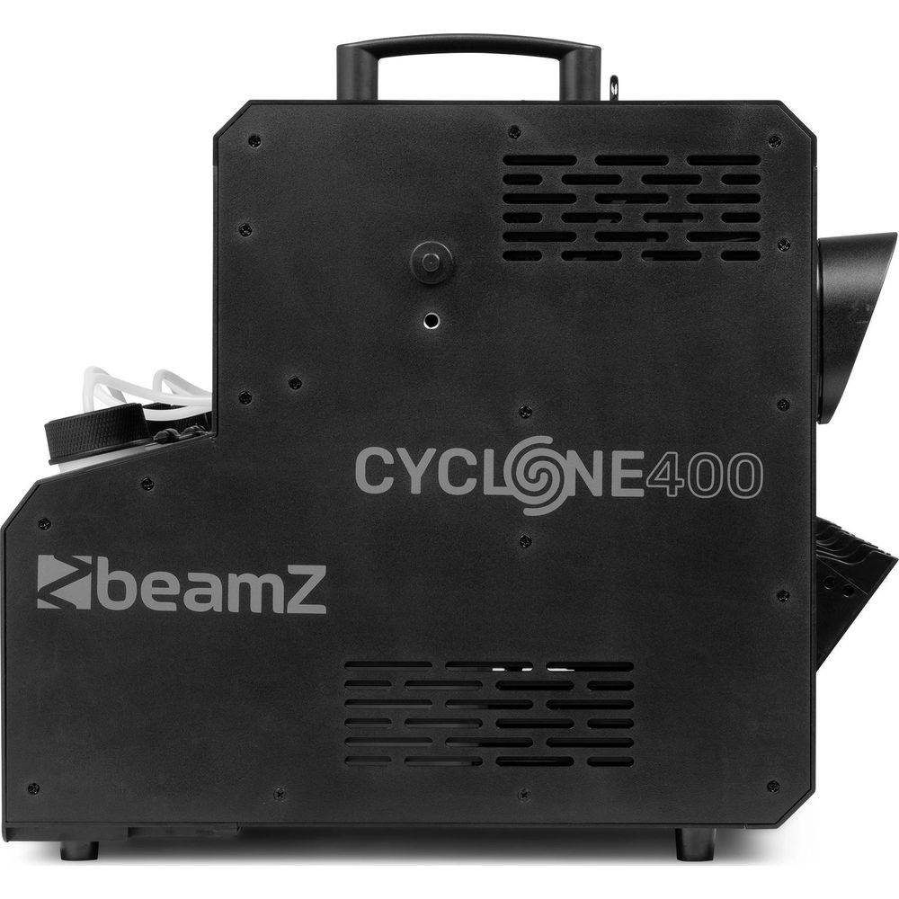 Máquina de humo o efectos negra con etiquetas "CYCLONE400" y "beamZ".