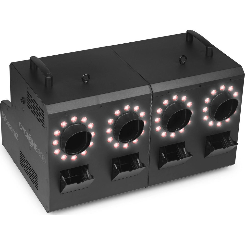 Un efecto de iluminación negro con cuatro salidas y luces LED rojas.