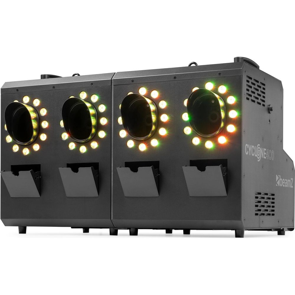 Una máquina negra con cuatro aberturas, rodeada de luces.