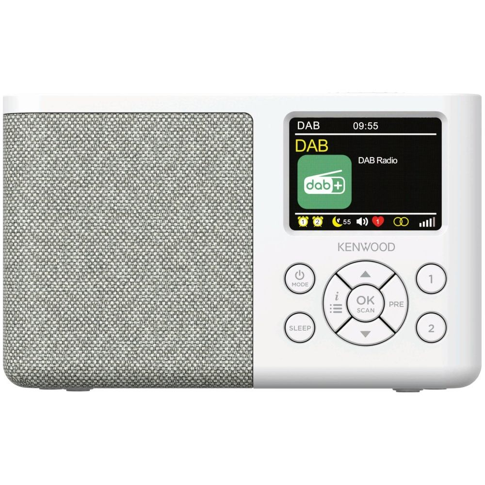 Ein weißer DAB-Radio von Kenwood mit grauem Stoff auf der linken Seite.