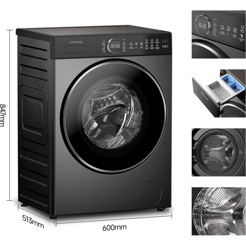 Lavatrice a carica frontale nera con display digitale e dimensioni.