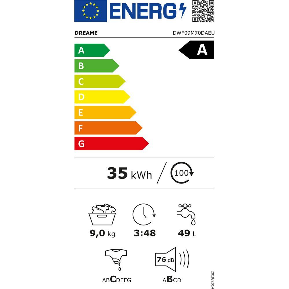 Etichetta energetica: Classe A, 35 kWh/100 cicli, 9 kg, 3:48h, 49L, 76dB.