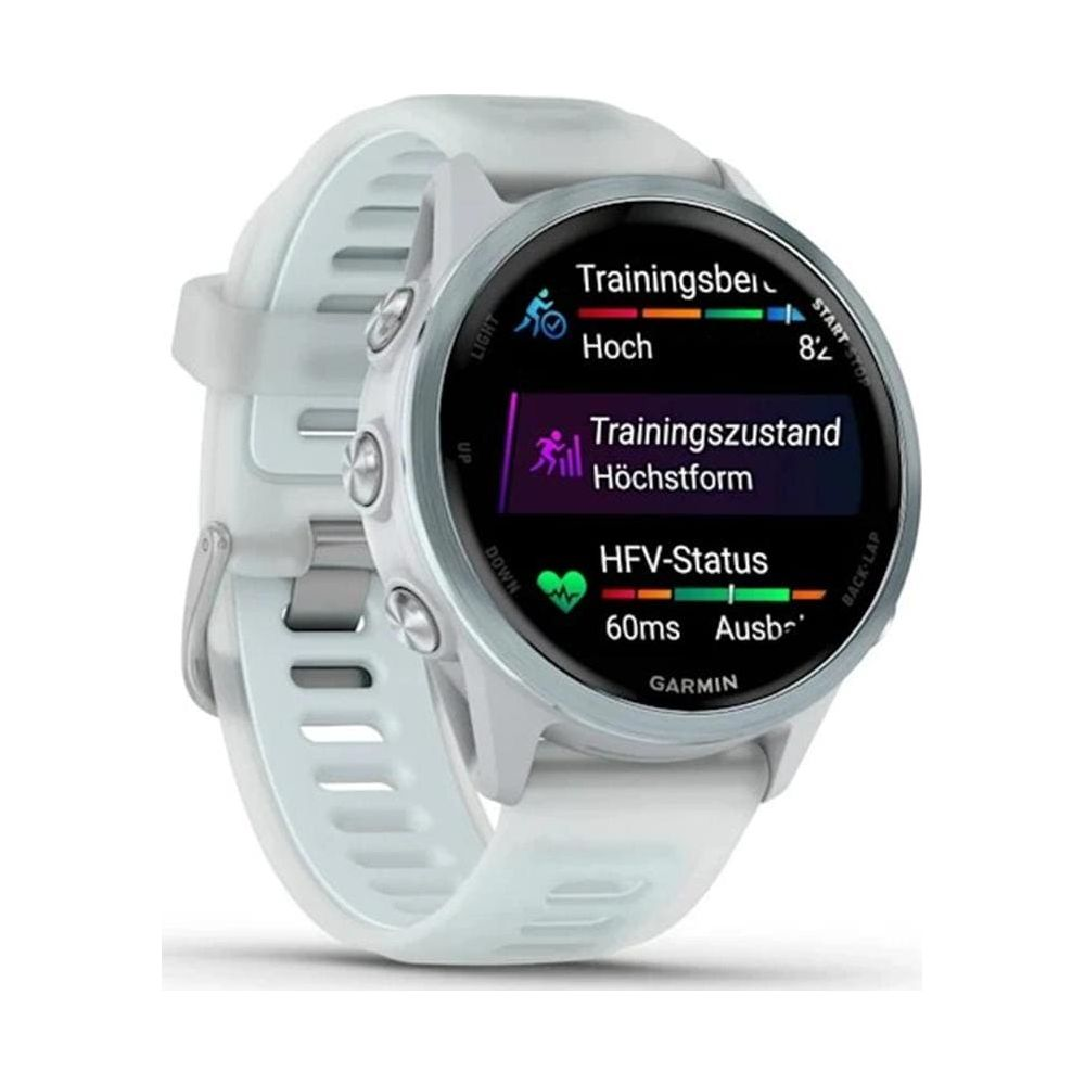Reloj inteligente Garmin blanco con datos de entrenamiento en pantalla.