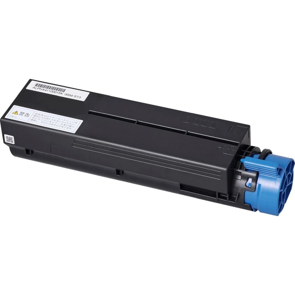 Cartuccia toner nera con connettore blu su sfondo bianco.