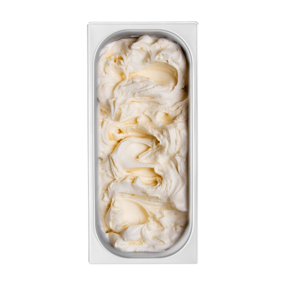Un contenitore di gelato alla vaniglia cremoso e giallo chiaro con vortici e superfici texturizzate.