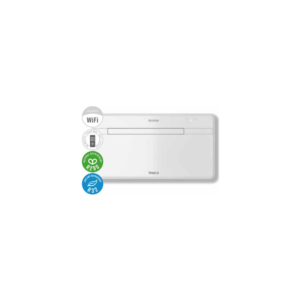 Un climatiseur blanc avec WiFi intégré et télécommande, R290 et R32.