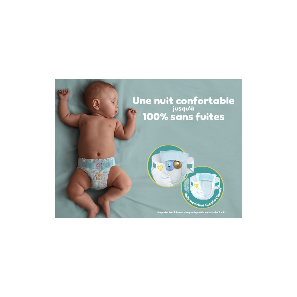 Baby schläft mit Windel, Produktinformationen und Text.