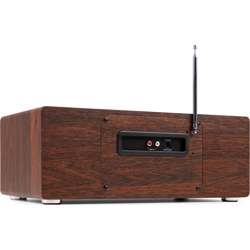 Vista trasera de radio de madera oscura con puertos y antena.