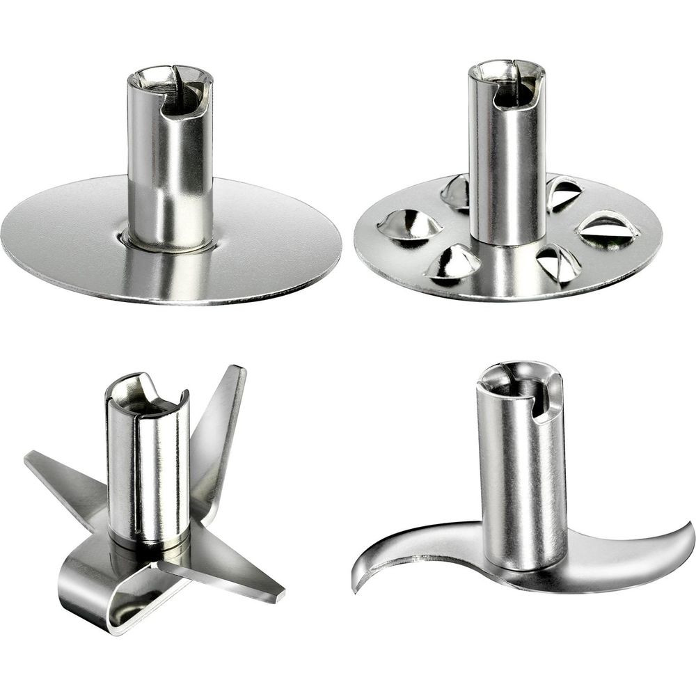 Quattro diverse lame metalliche per frullatori o tritatutto su sfondo bianco.