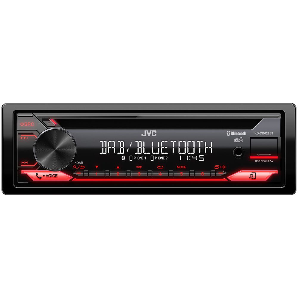 JVC Autoradio mit DAB/Bluetooth, USB-Anschluss und rot beleuchteten Tasten.