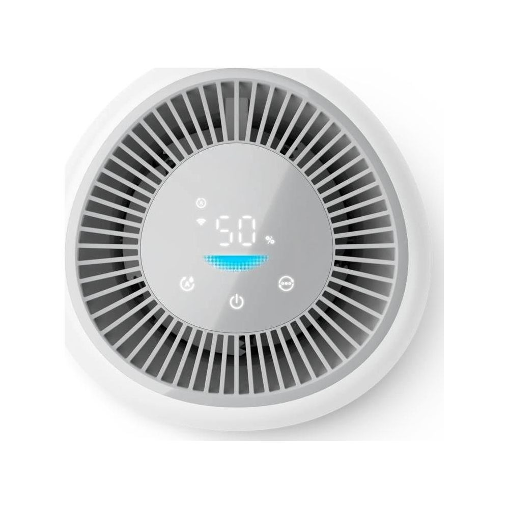 Un purificateur d'air blanc avec un écran numérique affichant 50%.