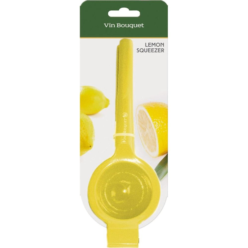 Spremiagrumi giallo Vin Bouquet con limoni sulla confezione.