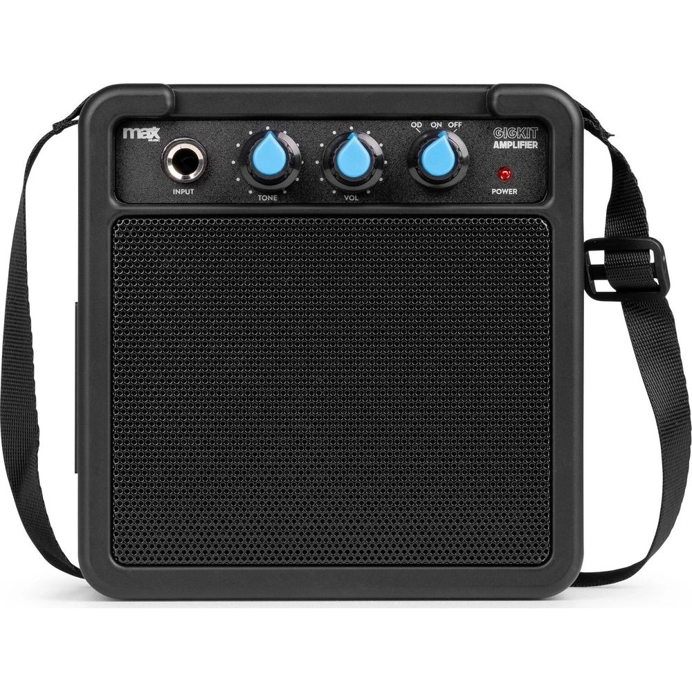 Amplificador de guitarra portátil negro con altavoz de malla, entrada, tono y perillas de volumen.