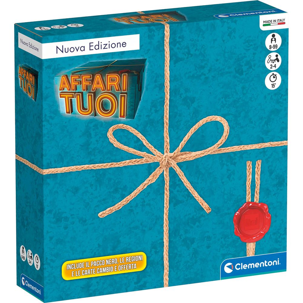 Una scatola di gioco blu intitolata 'Affari Tuoi', avvolta con spago e sigillo in cera.