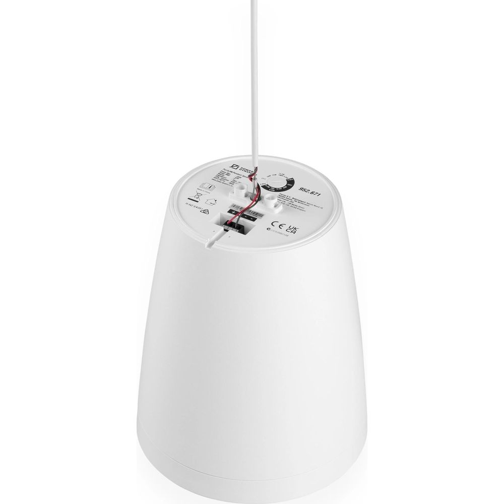 Lámpara blanca con cableado visible y marca CE, accesorio colgante.