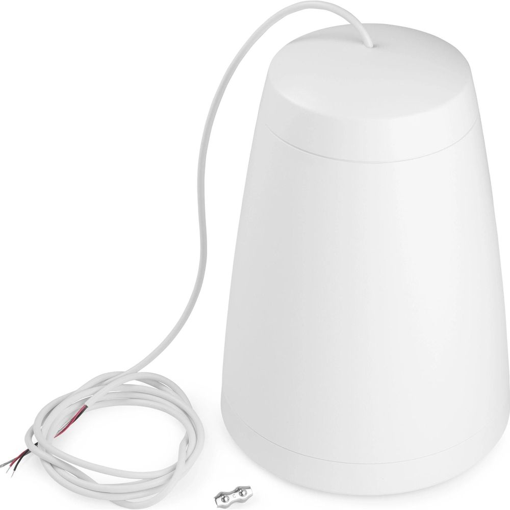 Una lámpara cónica blanca con un cable blanco y cables expuestos. Una pequeña abrazadera metálica cerca.