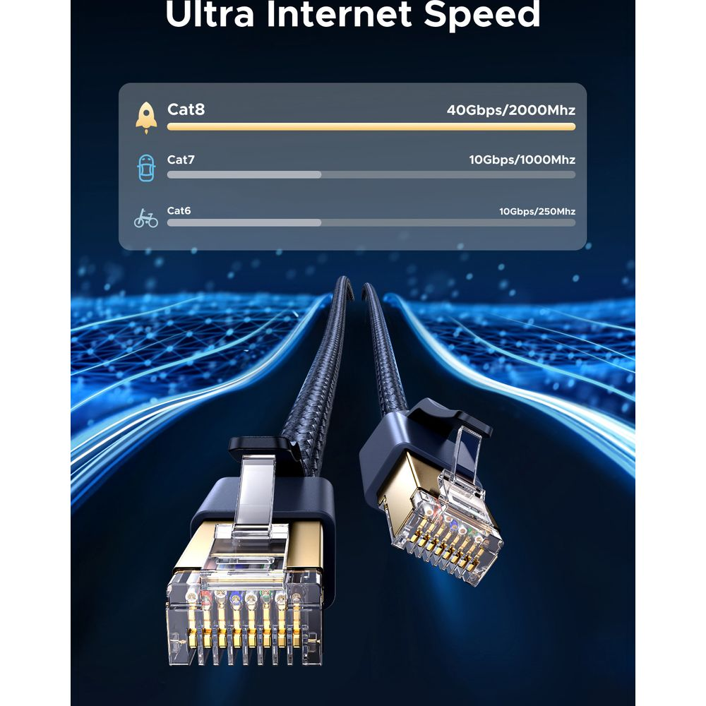 Zbliżenie dwóch kabli Ethernet ze złotymi złączami, na ciemnym tle z efektami świetlnymi.