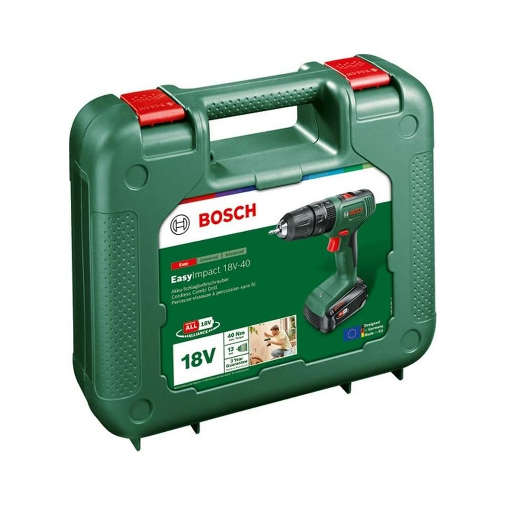 Valigetta Bosch verde con trapano avvitatore a batteria e informazioni.