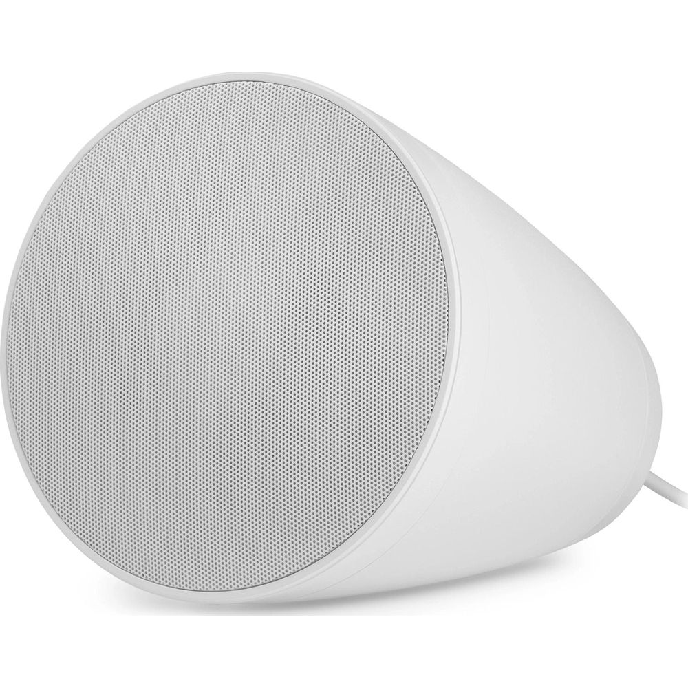 Un altavoz blanco y redondo con rejilla frontal y cable.