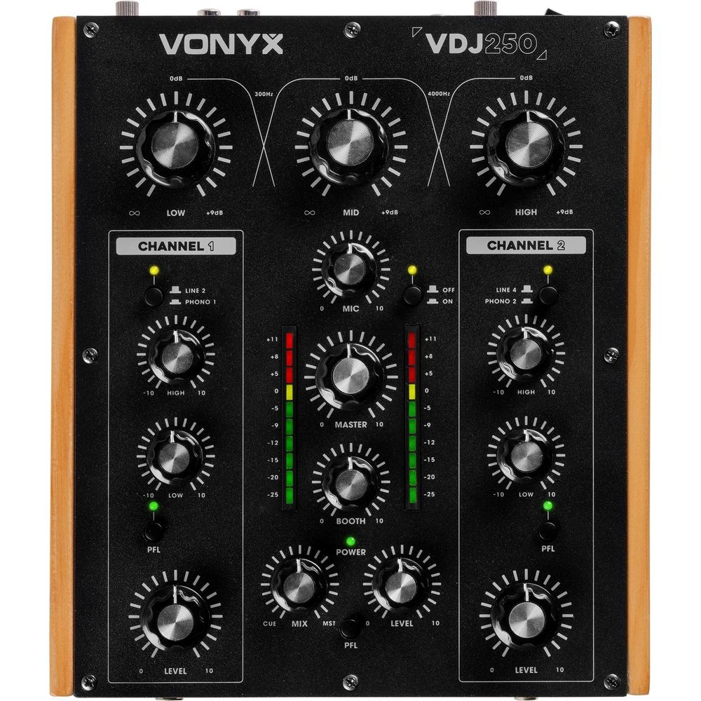 Una mesa de mezclas Vonyx VDJ250 con perillas, interruptores y medidores.