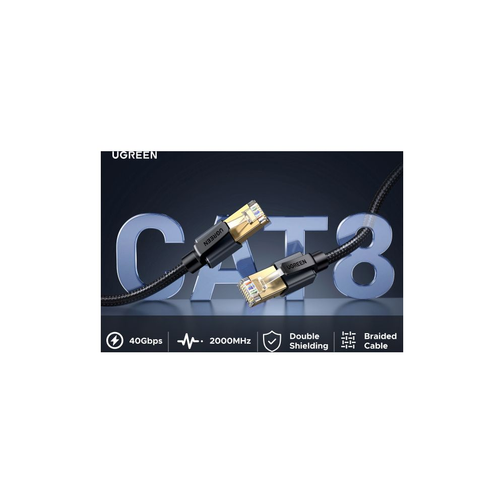 Kabel UGREEN CAT 8 ze złotymi złączami, 40Gbps, 2000MHz, podwójne ekranowanie, pleciony.