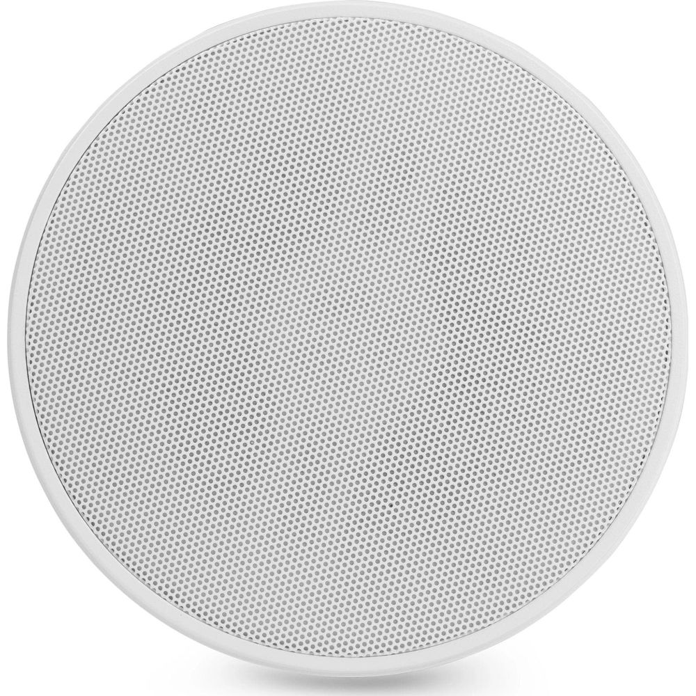 Un altavoz redondo blanco con rejilla perforada sobre fondo blanco.