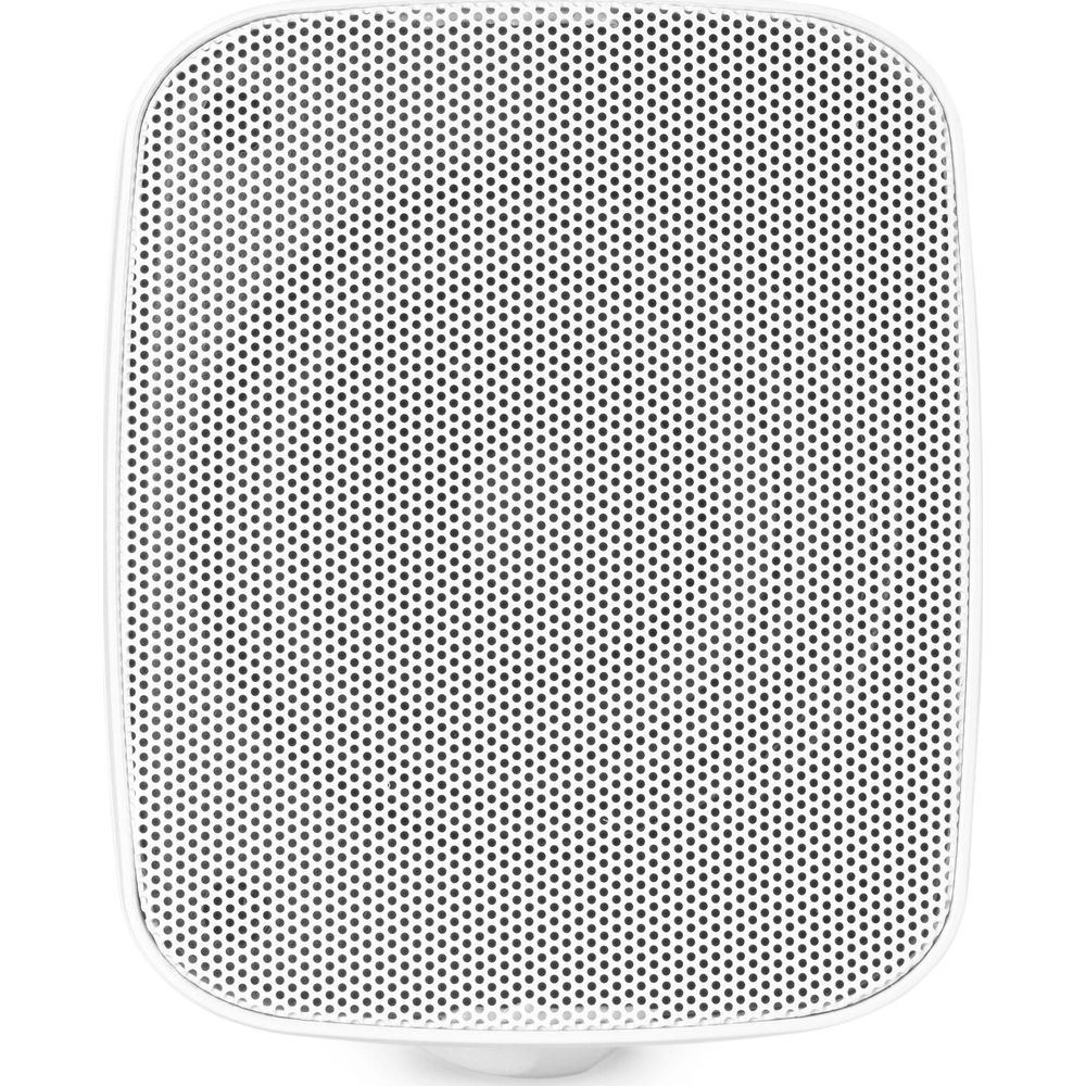 Un altavoz blanco con una rejilla perforada en el frente.
