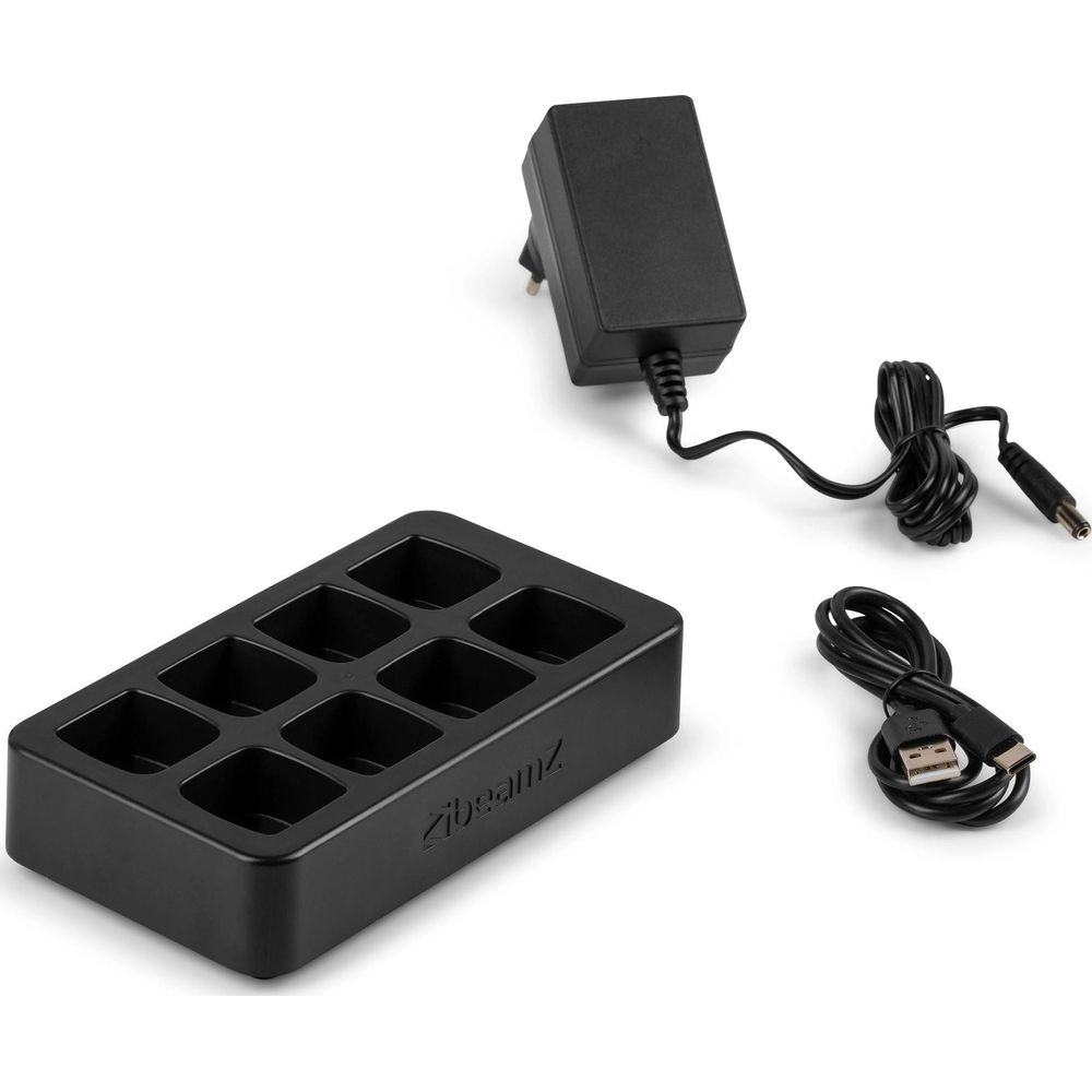 Base de carga negra de 8 ranuras con adaptador de corriente y cable USB.