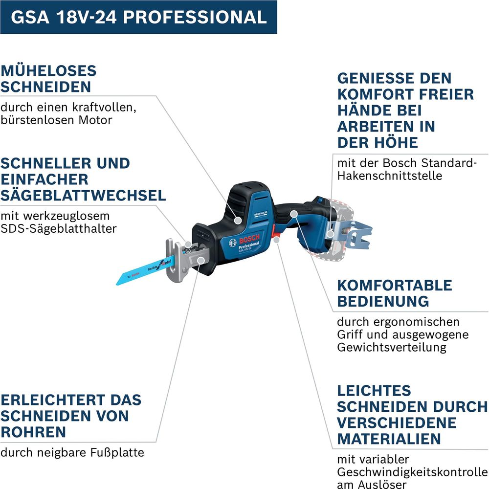 Bosch GSA 18V-24 Professional Säbelsäge mit Sägeblatt und Zubehörteilen.