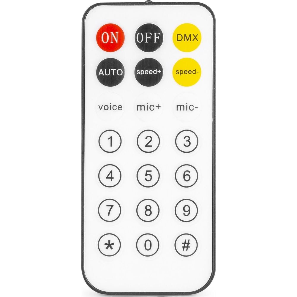 Un mando a distancia con botones para ON, OFF, DMX, AUTO, velocidad y micrófono.
