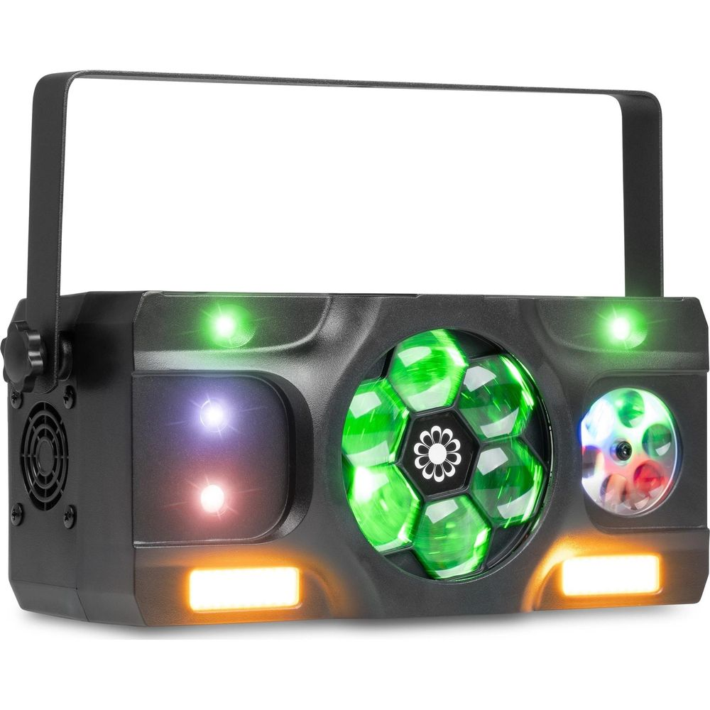 Un dispositivo de efectos de luz negro con luces verdes, azules y naranjas.