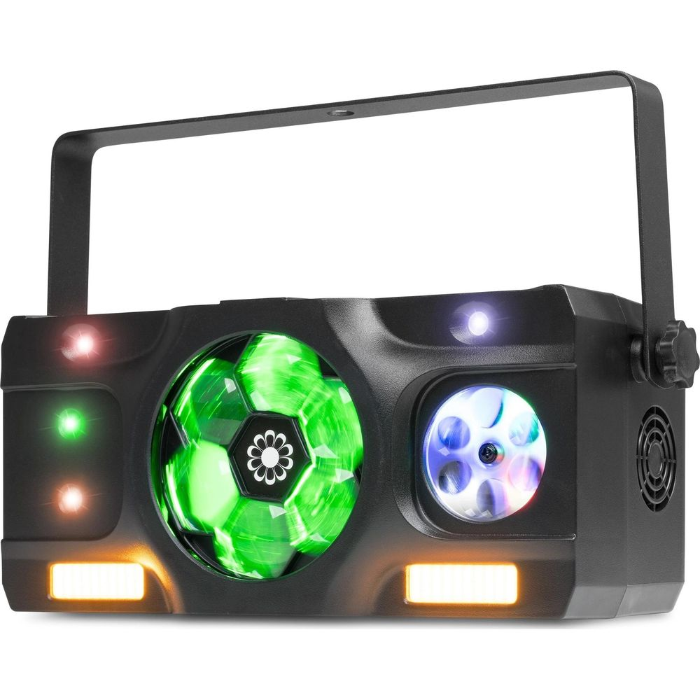 Un proyector de efectos de luz negro con un patrón de balón de fútbol verde giratorio y luces azules.