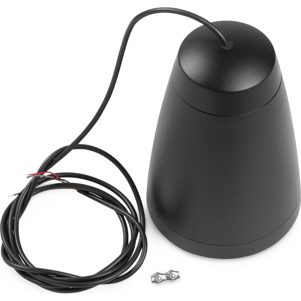 Altavoz cónico negro con cable y abrazadera sobre fondo blanco.