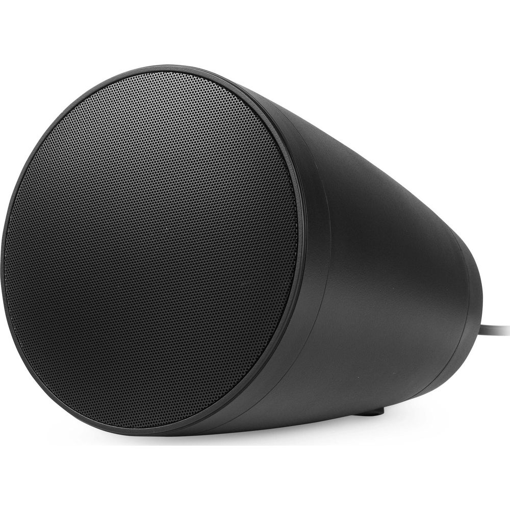 Un altavoz cilíndrico negro con una rejilla perforada en la parte delantera.