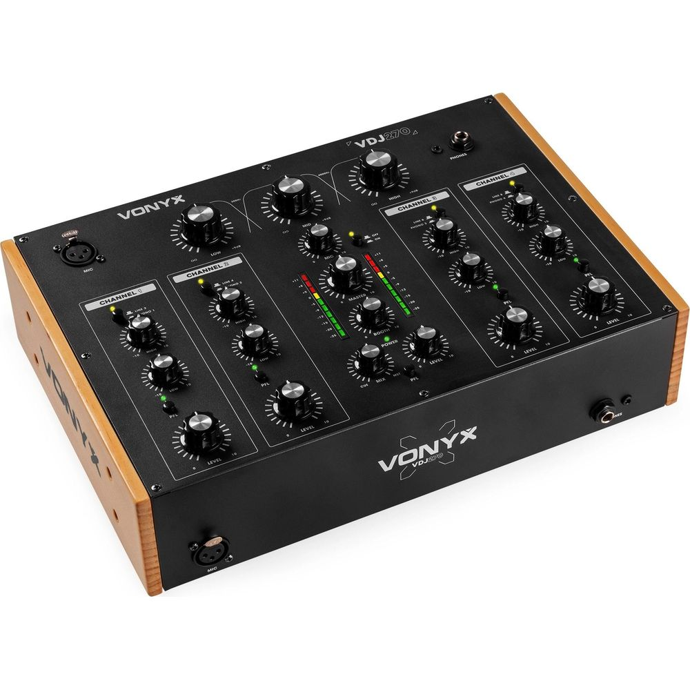 Una mesa de mezclas DJ Vonyx VDJ270 negra con laterales de madera y muchos mandos.