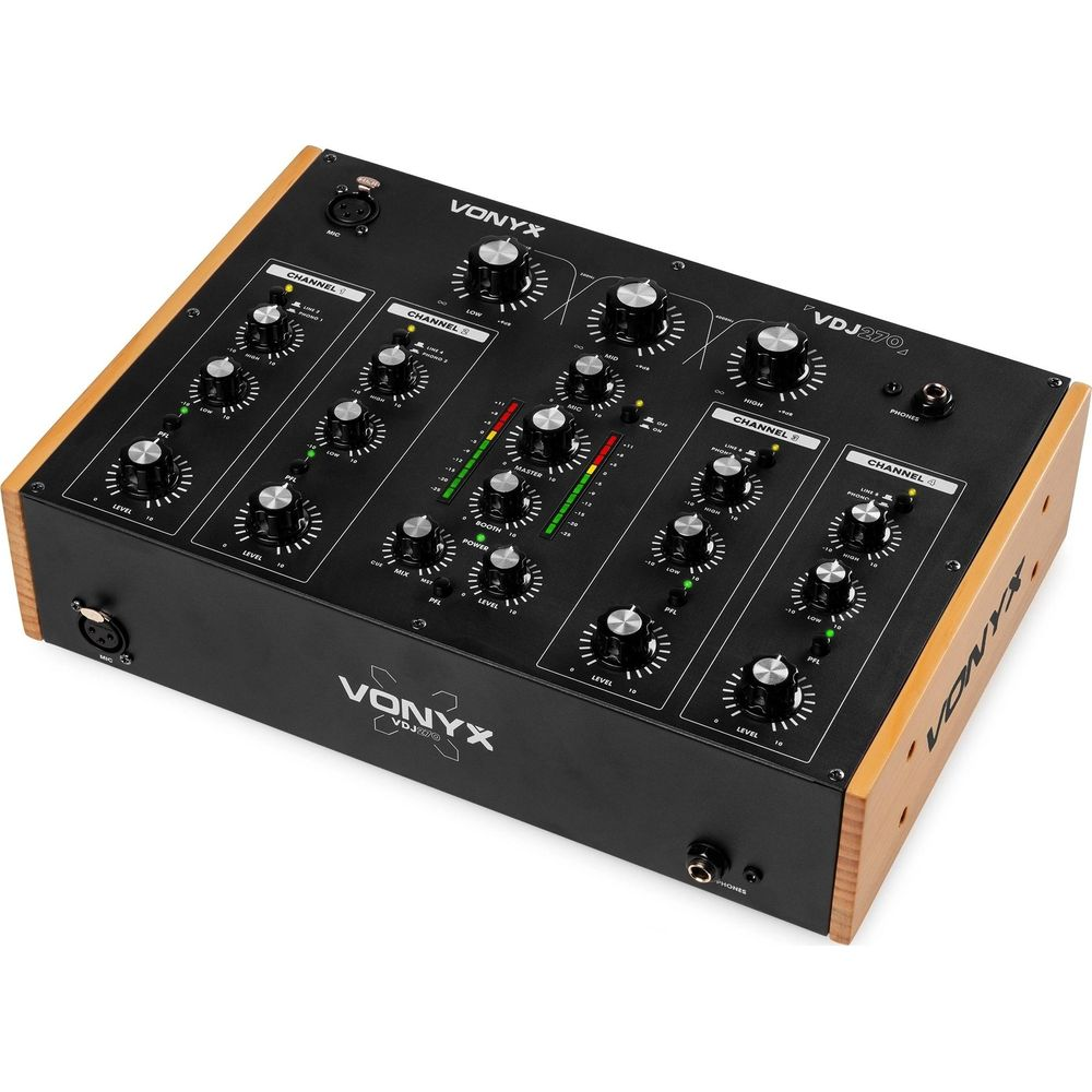 Un mezclador DJ Vonyx VDJ270 negro con paneles laterales de madera y muchos mandos.