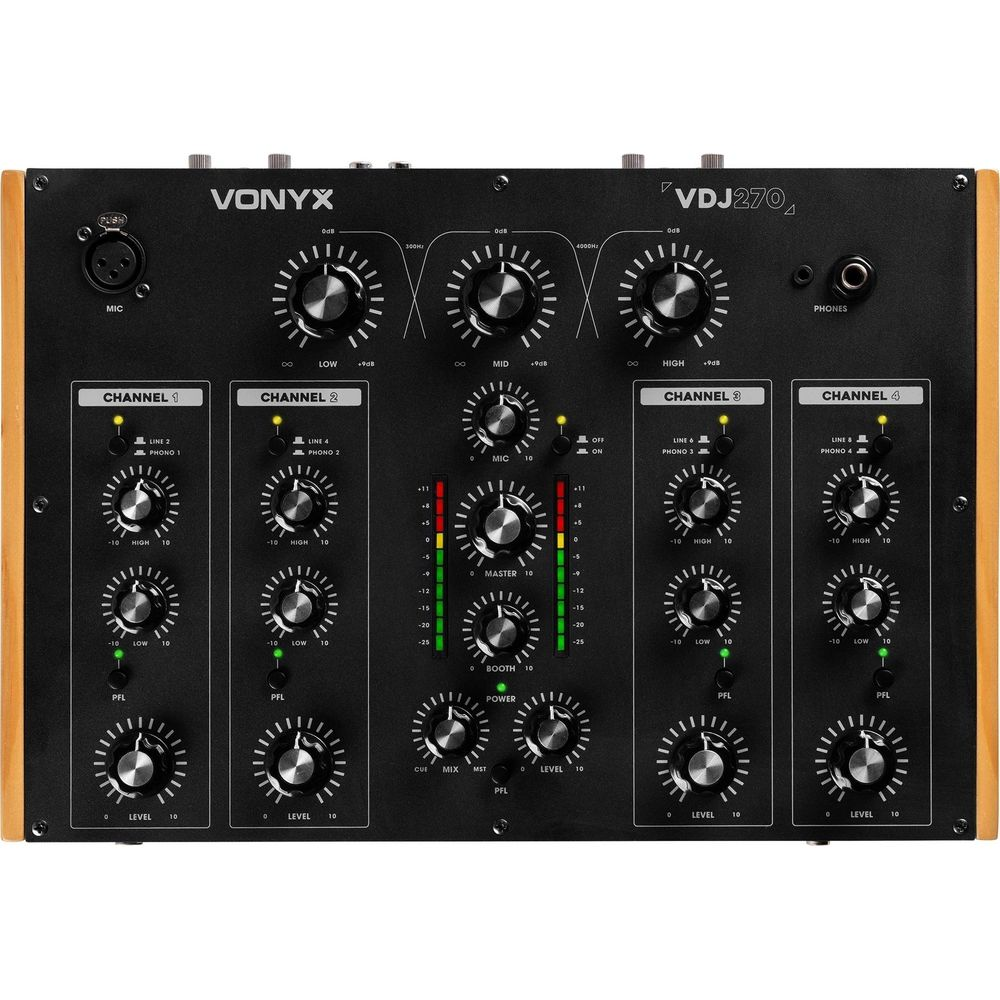 Mezclador DJ Vonyx VDJ270 con 4 canales, perillas, faders y medidores VU.