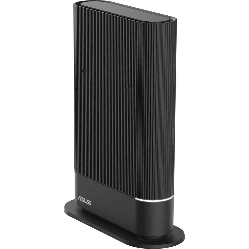 Un router ASUS nero si erge su una base con scanalature verticali.