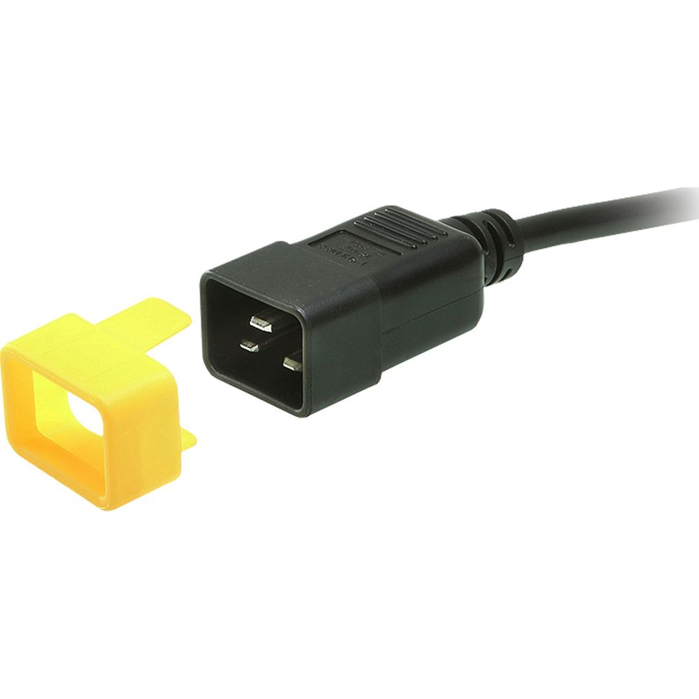Ein schwarzer Stecker mit einem gelben Schutz für die Stifte.