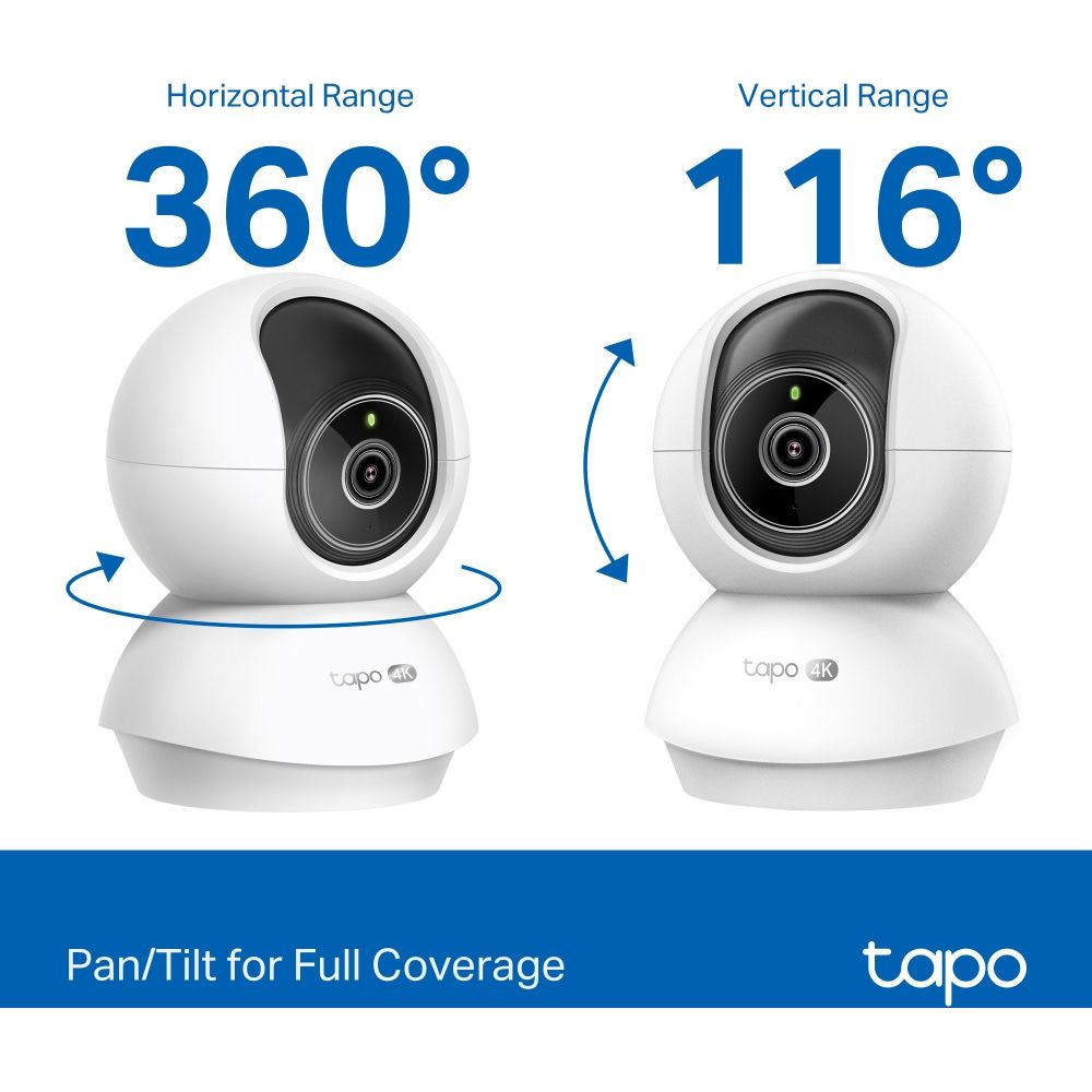 360 yatay ve 116 dikey menzil gösteren iki beyaz Tapo 4K kamera.