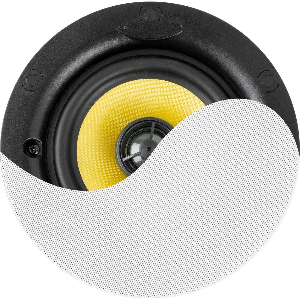 Altavoz empotrable redondo con cono amarillo y marco negro.